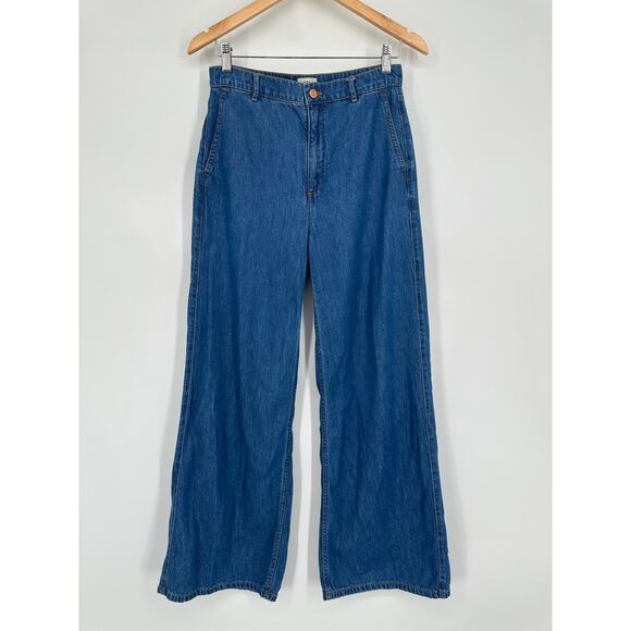 J. Crew High Rise Drapey Trouser Jean Full Length Wide Leg Medium Wash Blue - Picture 4 of 13